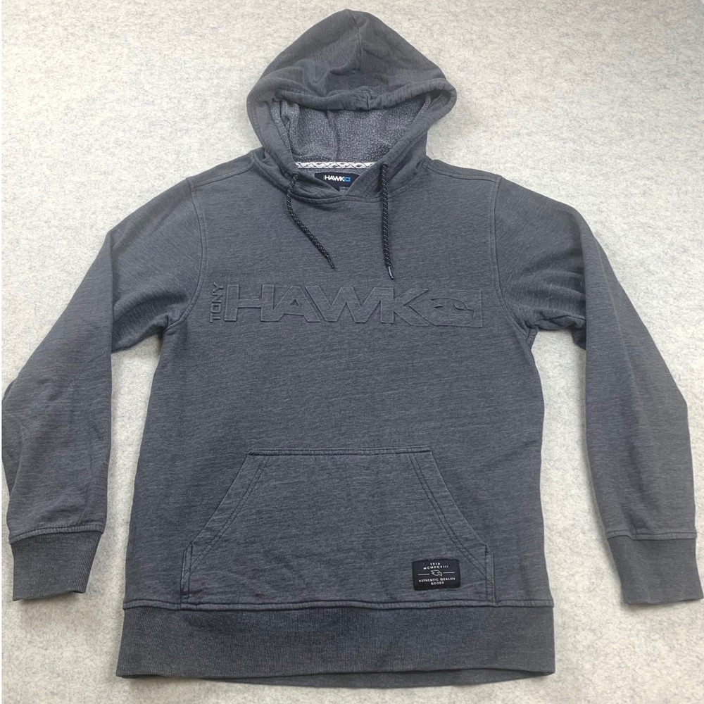 Tony Hawk Hoodie Mens M Charcoal Gray Debossed Logo Pullover Fleece Sweatshirt